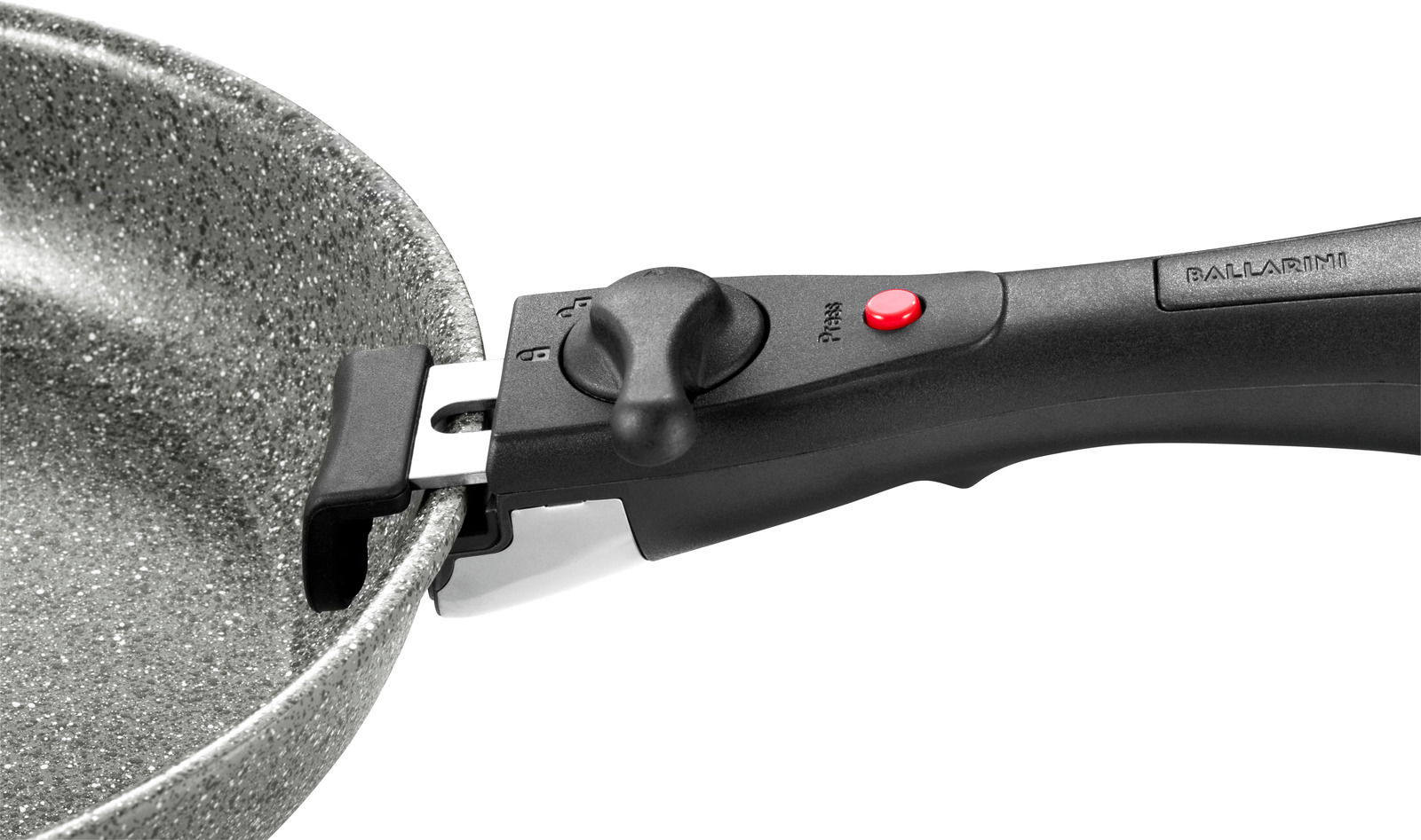 Nahaufnahme einer grauen Pfanne mit abnehmbarem Griff, seitliche Perspektive