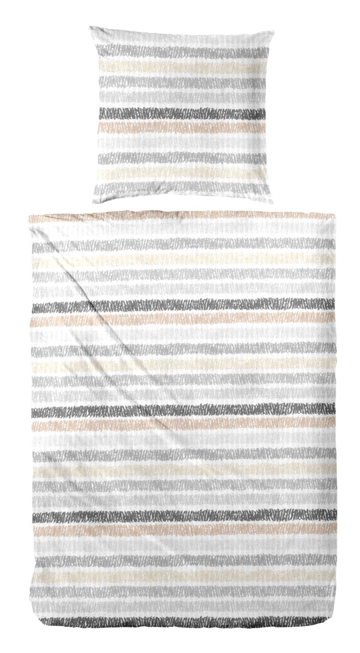 Bettwäsche-Set mit gestreiftem Muster in Grau-, Beige- und Brauntönen, aus der Vogelperspektive fotografiert.