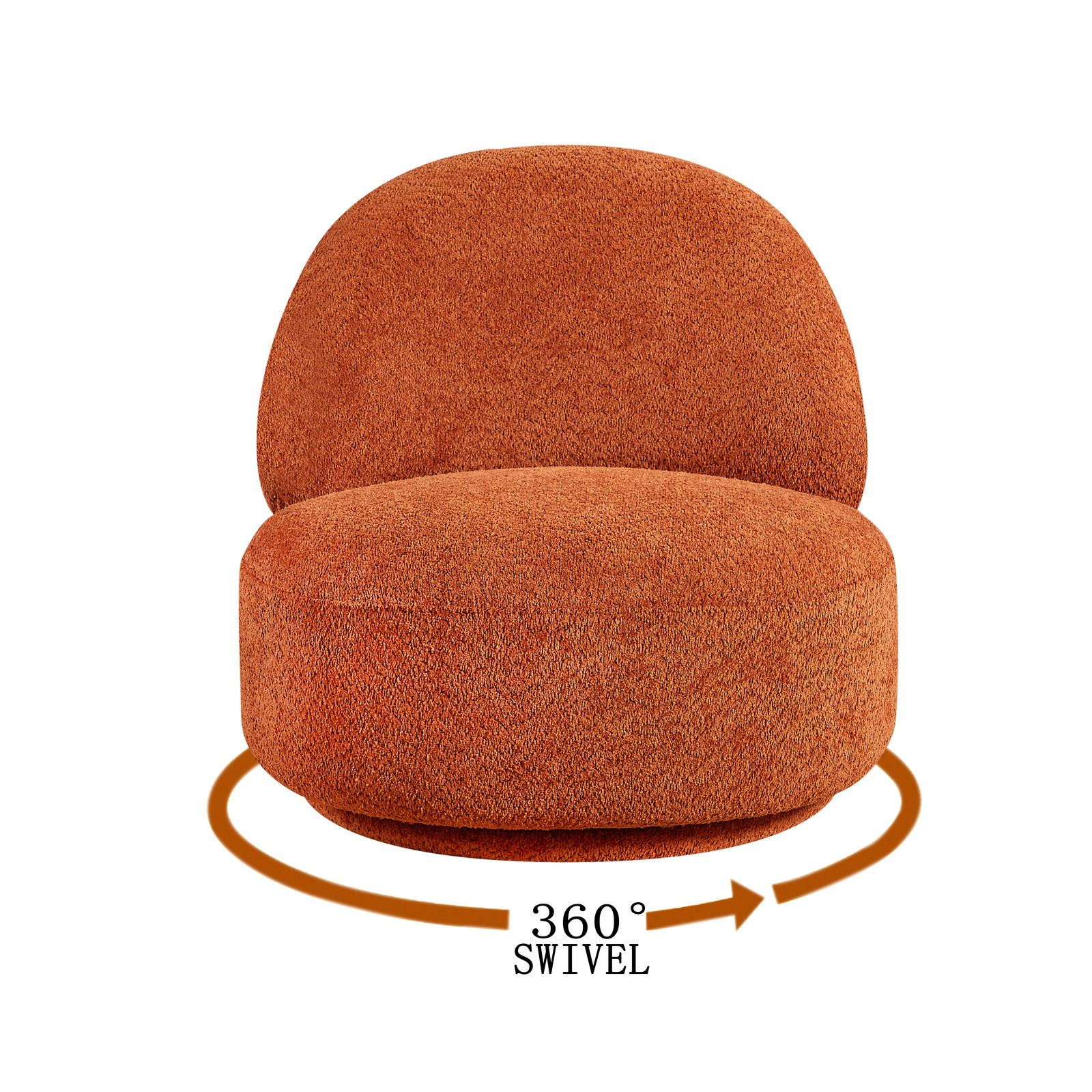 Moderner, orangefarbener Sessel mit 360-Grad-Drehfunktion, Frontalansicht.