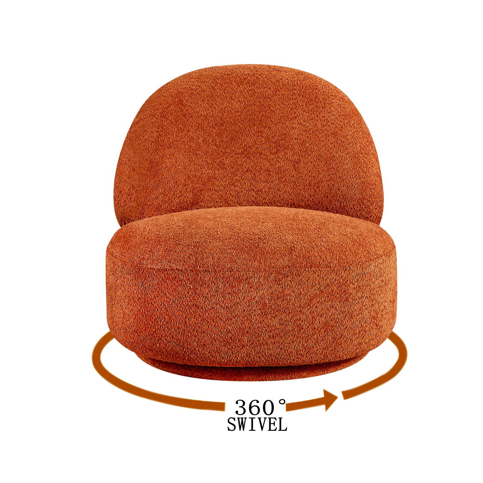 Moderner, orangefarbener Sessel mit 360-Grad-Drehfunktion, Frontalansicht.