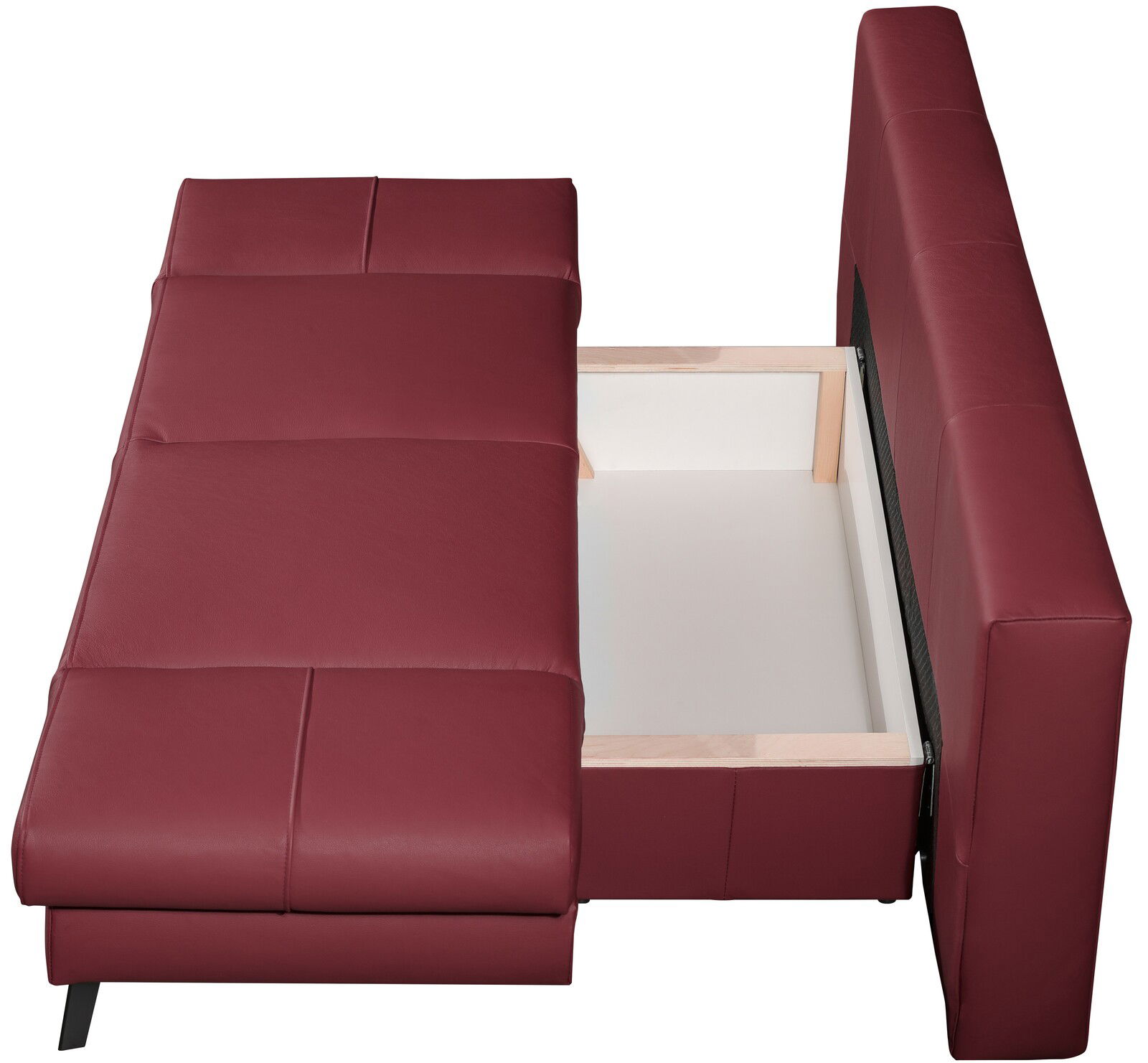 Querschläfer-Sofa in Rot mit geöffneter Bettkastenansicht von oben