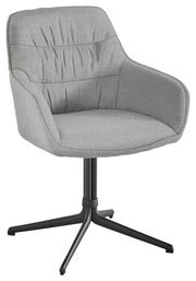 Grauer Armlehnstuhl mit gepolstertem Sitz und Rückenlehne, auf schwarzem Metallgestell, seitliche Perspektive