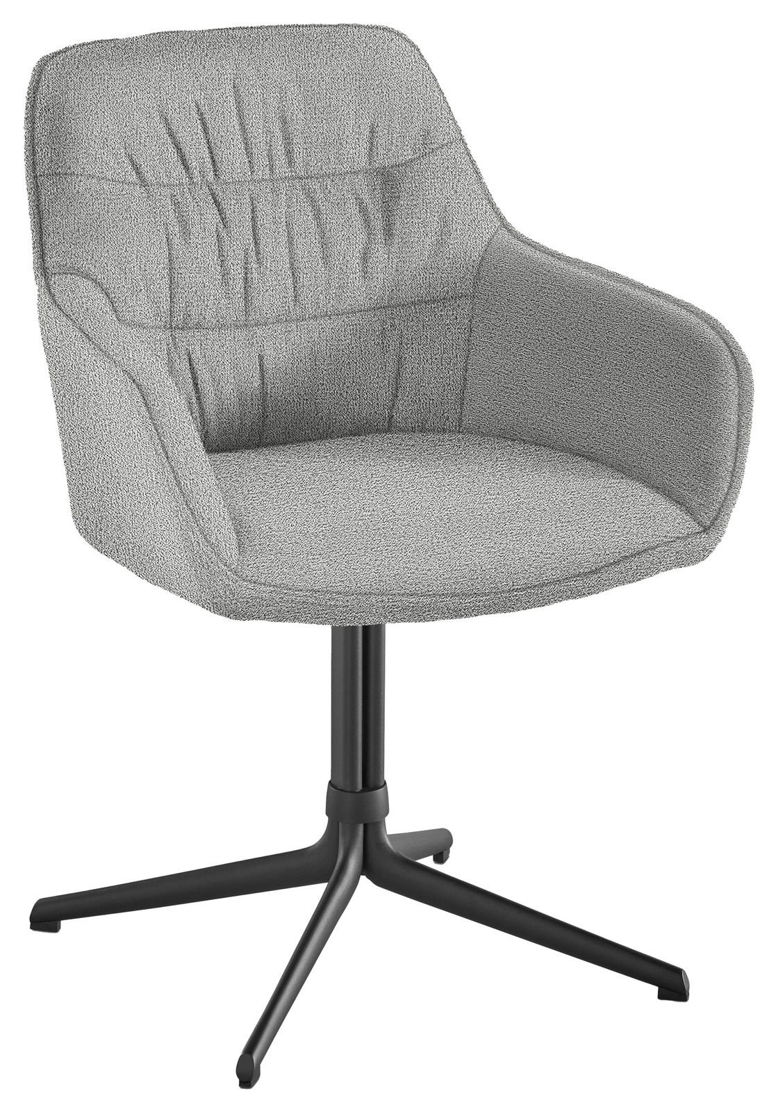Grauer Armlehnstuhl mit gepolstertem Sitz und Rückenlehne, auf schwarzem Metallgestell, seitliche Perspektive