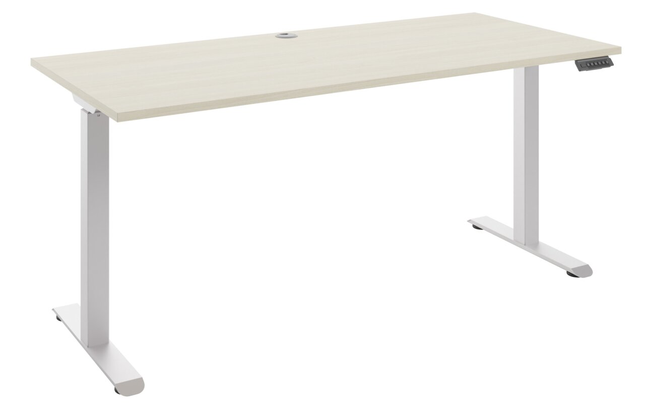 Moderner E-Schreibtisch 160 mit weißem Gestell und heller Holzplatte, seitliche Perspektive