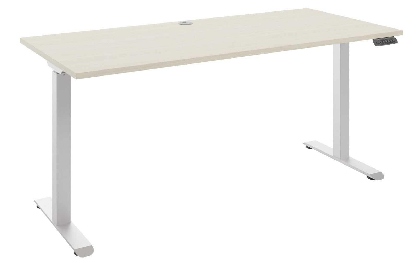 Moderner E-Schreibtisch 160 mit weißem Gestell und heller Holzplatte, seitliche Perspektive