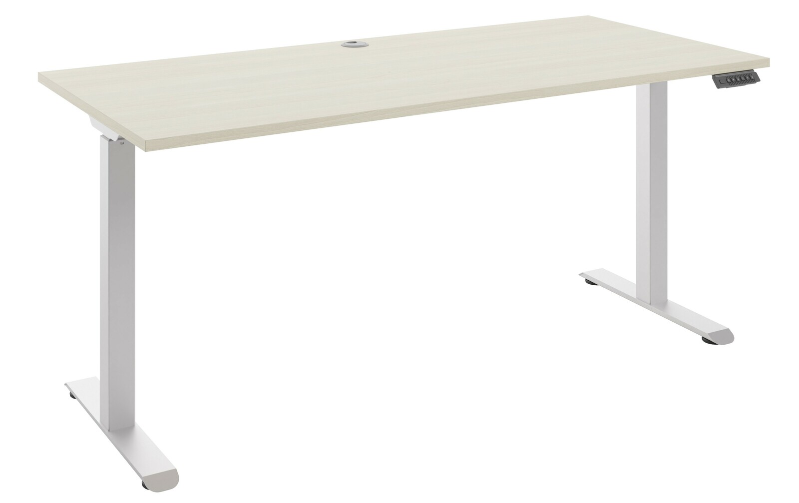 Moderner E-Schreibtisch 160 mit weißem Gestell und heller Holzplatte, seitliche Perspektive