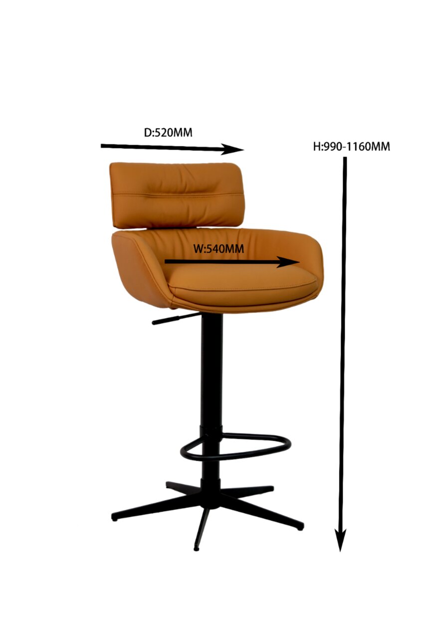 Moderner Barhocker in Seitenansicht mit verstellbarer Höhe, gepolstertem Sitz und Rückenlehne in warmem Braunton, schwarzem Metallgestell und Fußstütze.