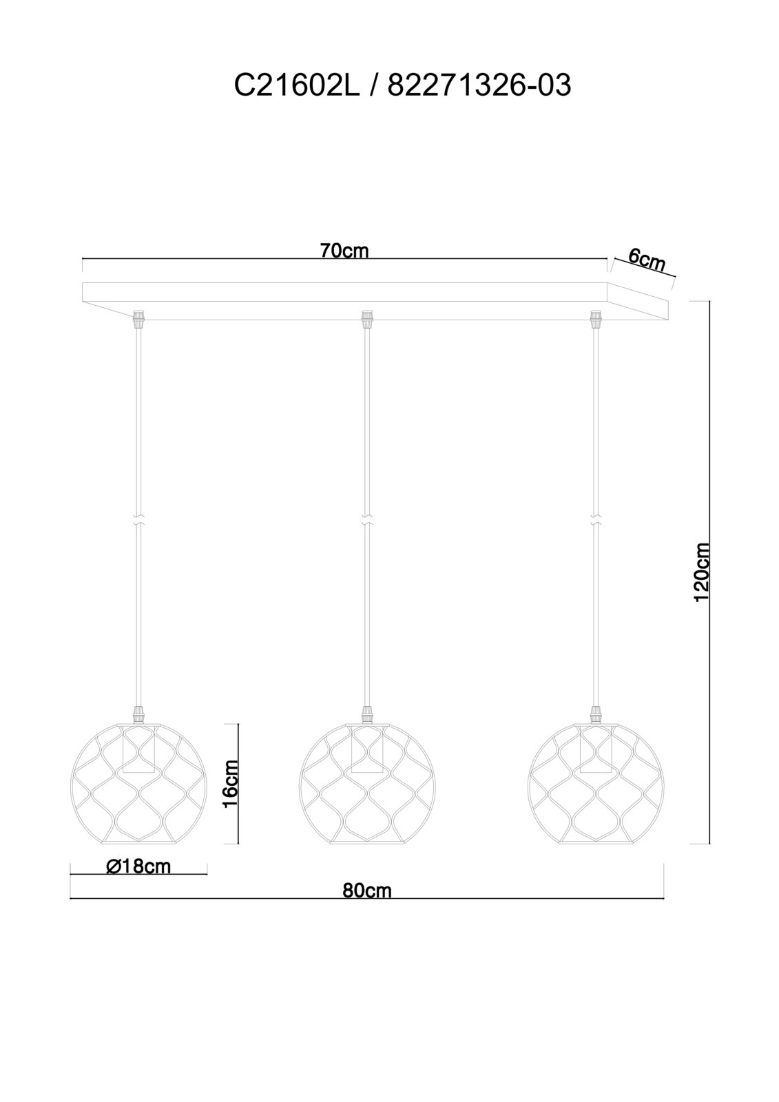 Technische Zeichnung einer Hängelampe mit drei kugelförmigen Leuchten, die an einer 70 cm langen Deckenhalterung befestigt sind. Die Leuchten haben einen Durchmesser von 18 cm und hängen 120 cm von der Decke herab. Vorderansicht.