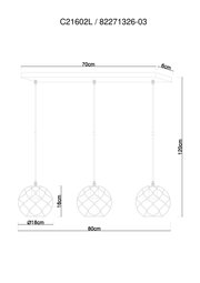 Technische Zeichnung einer Hängelampe mit drei kugelförmigen Leuchten, die an einer 70 cm langen Deckenhalterung befestigt sind. Die Leuchten haben einen Durchmesser von 18 cm und hängen 120 cm von der Decke herab. Vorderansicht.