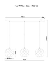 Technische Zeichnung einer Hängelampe mit drei kugelförmigen Leuchten, die an einer 70 cm langen Deckenhalterung befestigt sind. Die Leuchten haben einen Durchmesser von 18 cm und hängen 120 cm von der Decke herab. Vorderansicht.