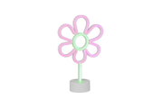 Bloemvormige LED-neon-tafellamp in roze en groen op een witte voet, vooraanzicht