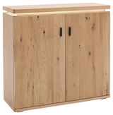 Kommode aus hellem Holz mit zwei Türen und schwarzen Griffen, frontal fotografiert.