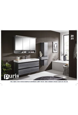 Bad mit grauen Möbeln, großer Wanne, Spiegel und Pflanzen, Text: puris 2025.