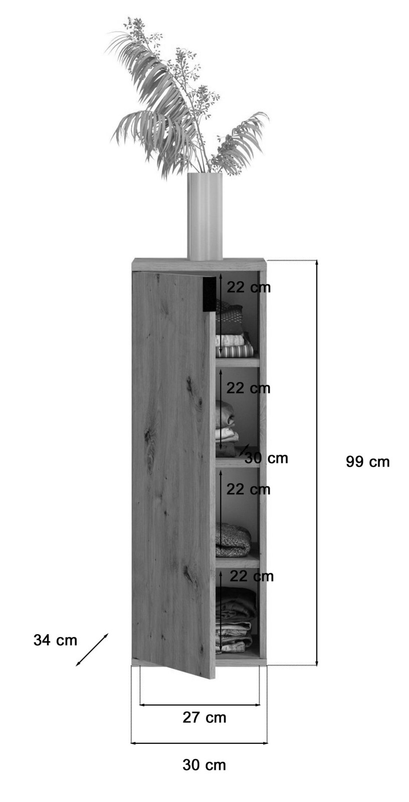 Schmaler, hoher Schrank mit Holztür, vier Fächern und dekorativer Vase auf der Oberseite, seitliche Perspektive.