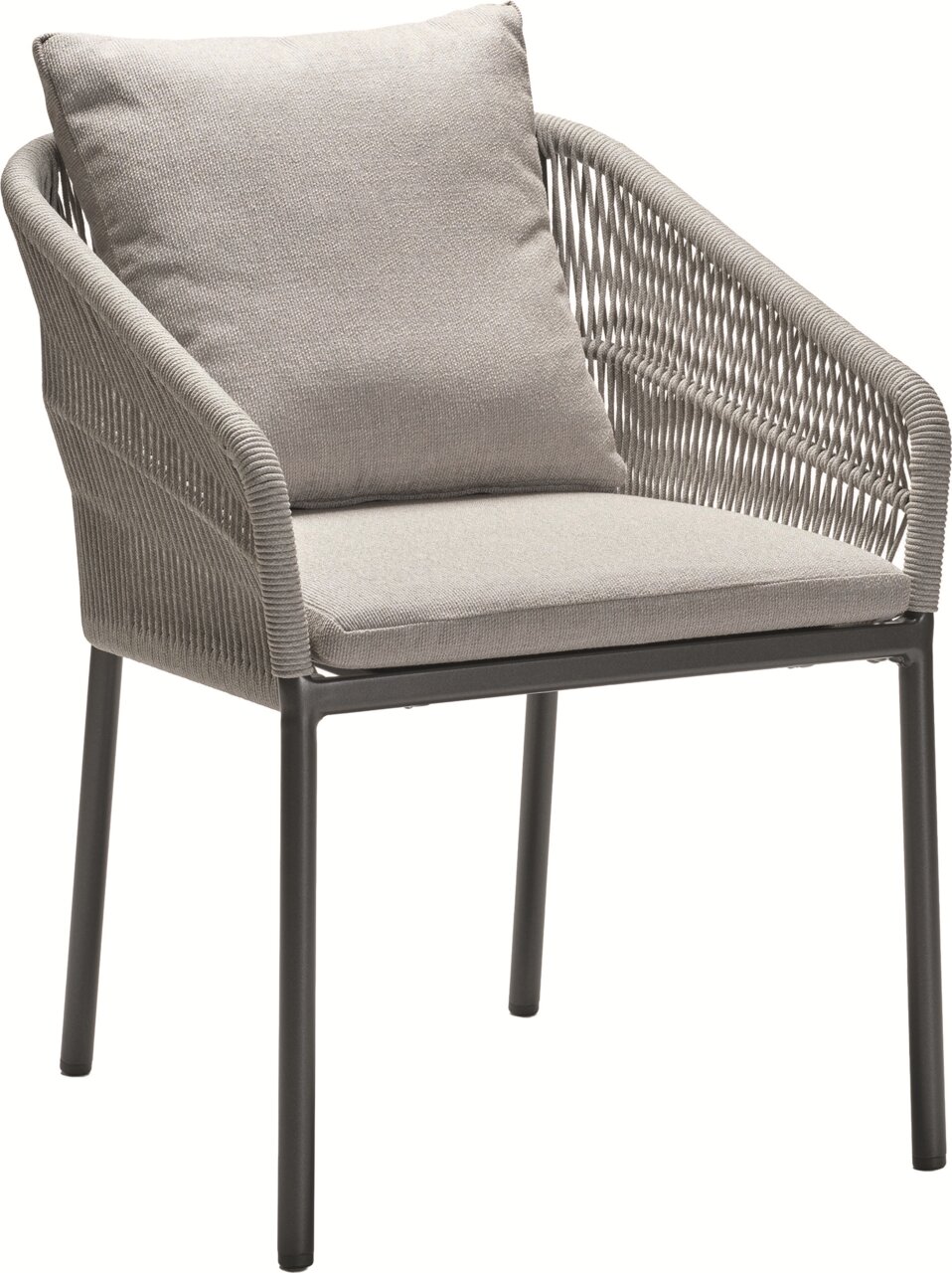 Stern Stapelsessel JELLA Moderner Stapelsessel mit grauem Kissen und geflochtenen Armlehnen, seitliche Perspektive