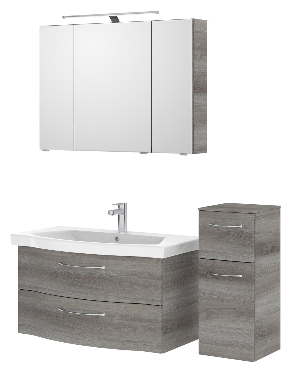 Badezimmermöbel-Set bestehend aus einem Spiegelschrank, einem Waschbeckenunterschrank mit zwei Schubladen und einem hohen Schrank, in Holzoptik, aus der Frontalperspektive.