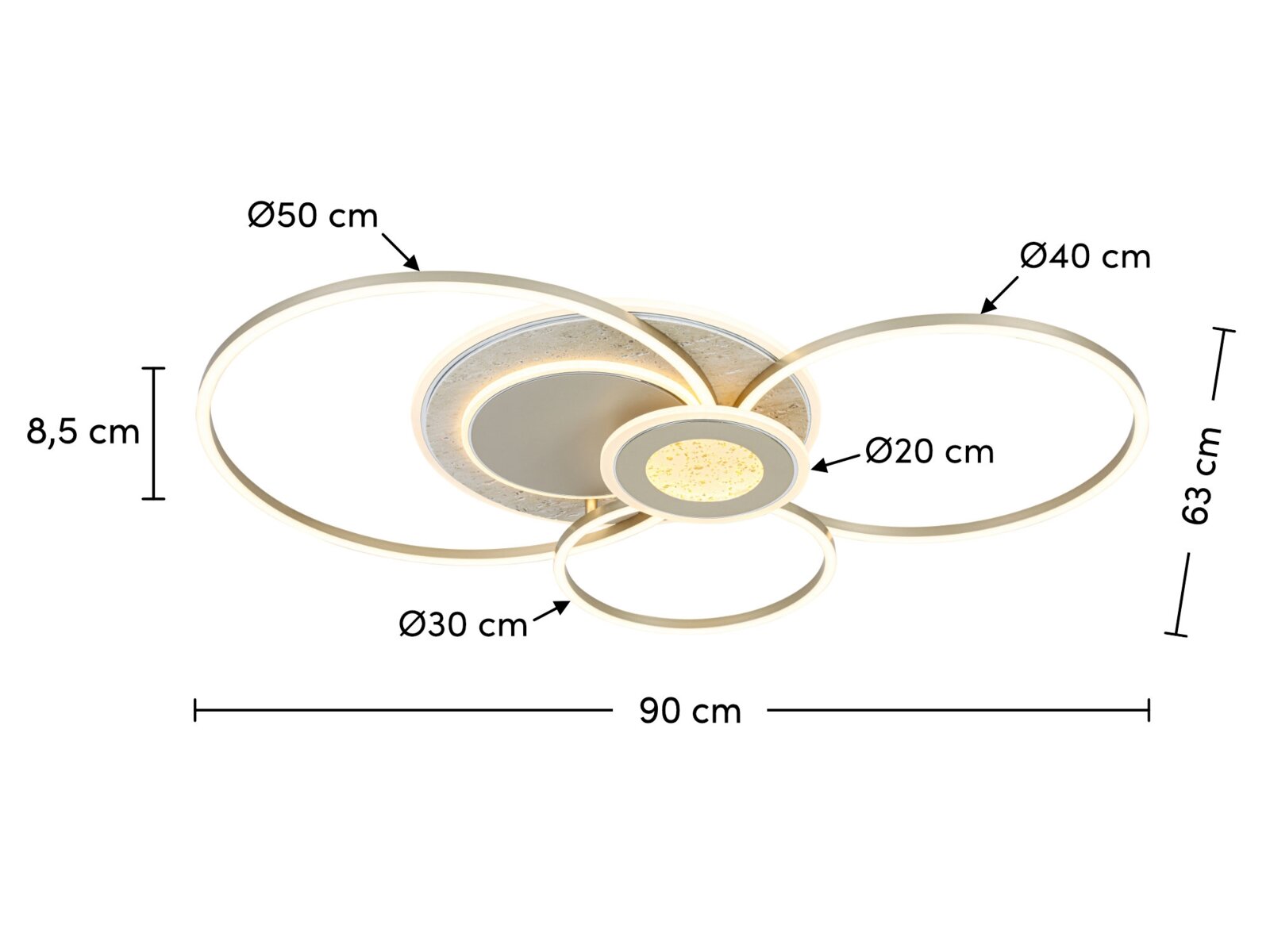 Moderne led-plafondlamp met meerdere ringen, zijaanzicht, diameter van 90 cm.