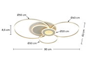 Moderne led-plafondlamp met meerdere ringen, zijaanzicht, diameter van 90 cm.