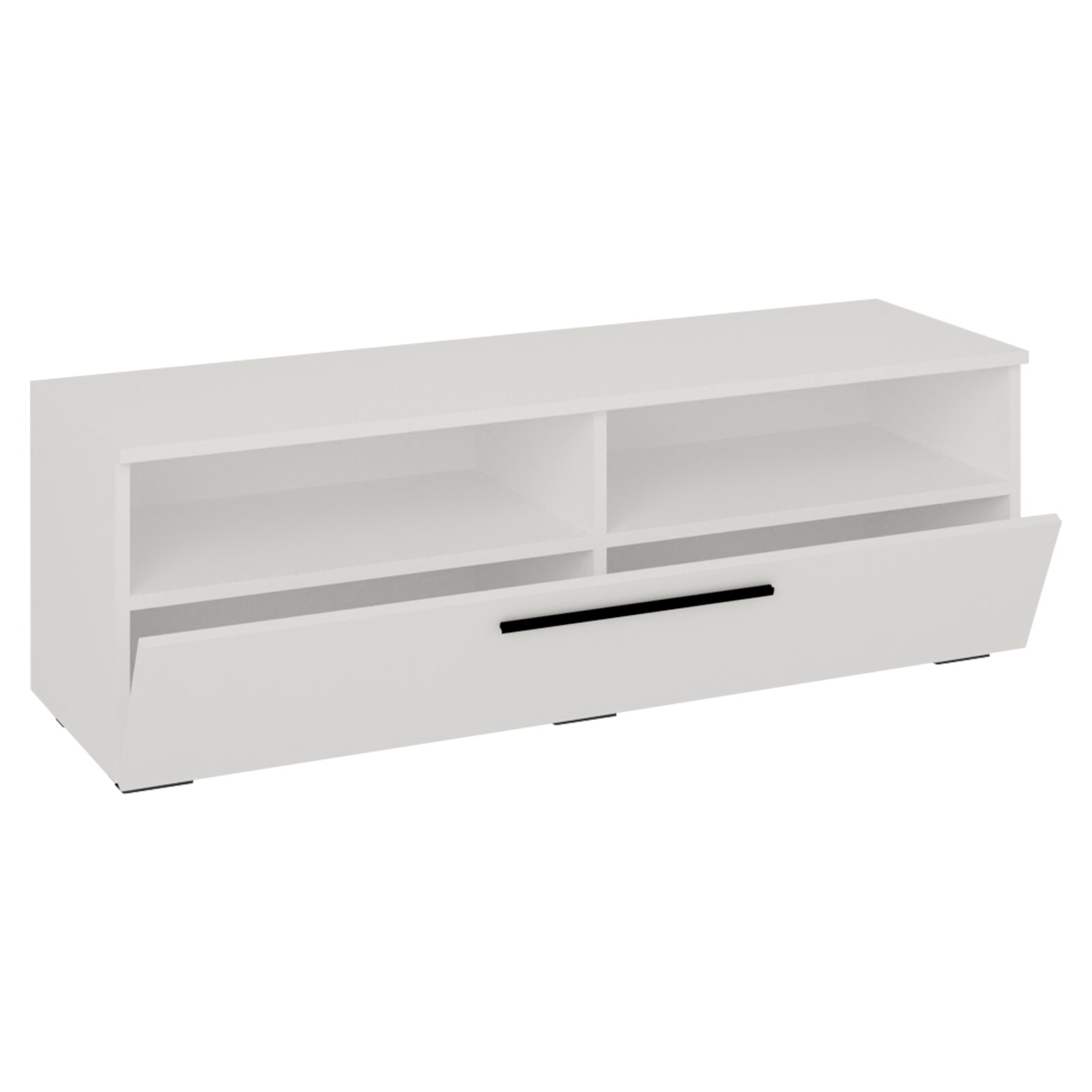 Weißes TV-Lowboard/Medienkonsole mit zwei offenen Fächern und großer Schublade mit schwarzem Griff, freigestellt vor weißem Hintergrund, Ansicht schräg von vorne (leicht von oben).
