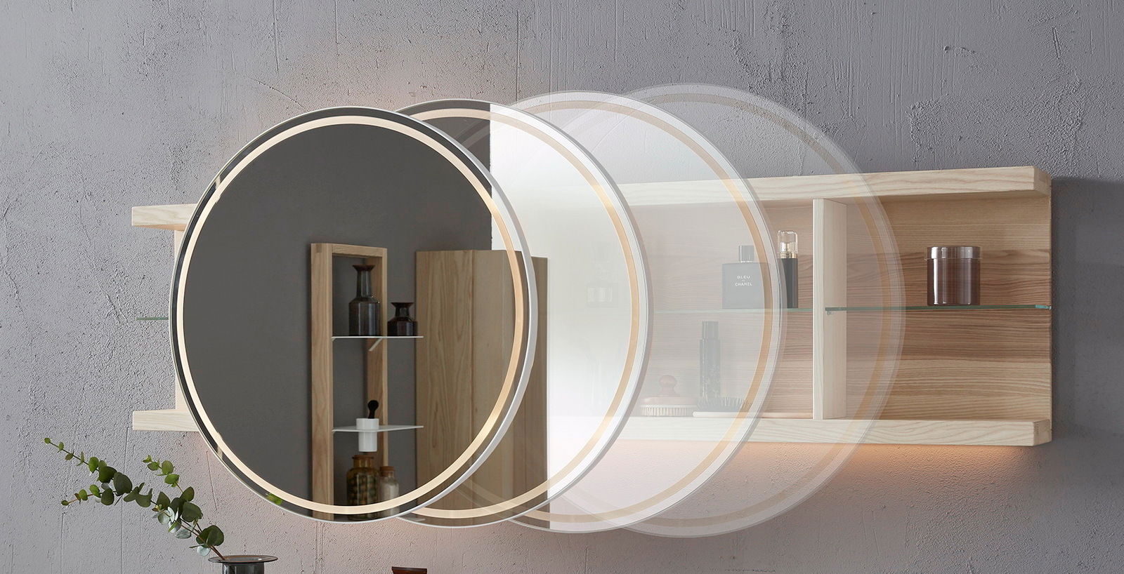 Rundes Hängeregal mit integriertem Spiegel und LED-Beleuchtung, seitliche Perspektive