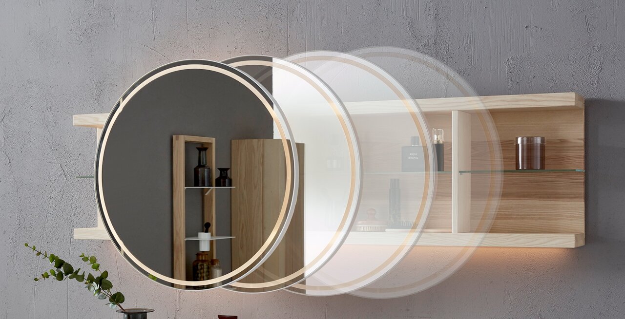 Rundes Hängeregal mit integriertem Spiegel und LED-Beleuchtung, seitliche Perspektive