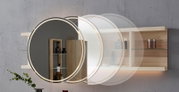 Ronde hangende plank met ingebouwde spiegel en ledverlichting, zijaanzicht