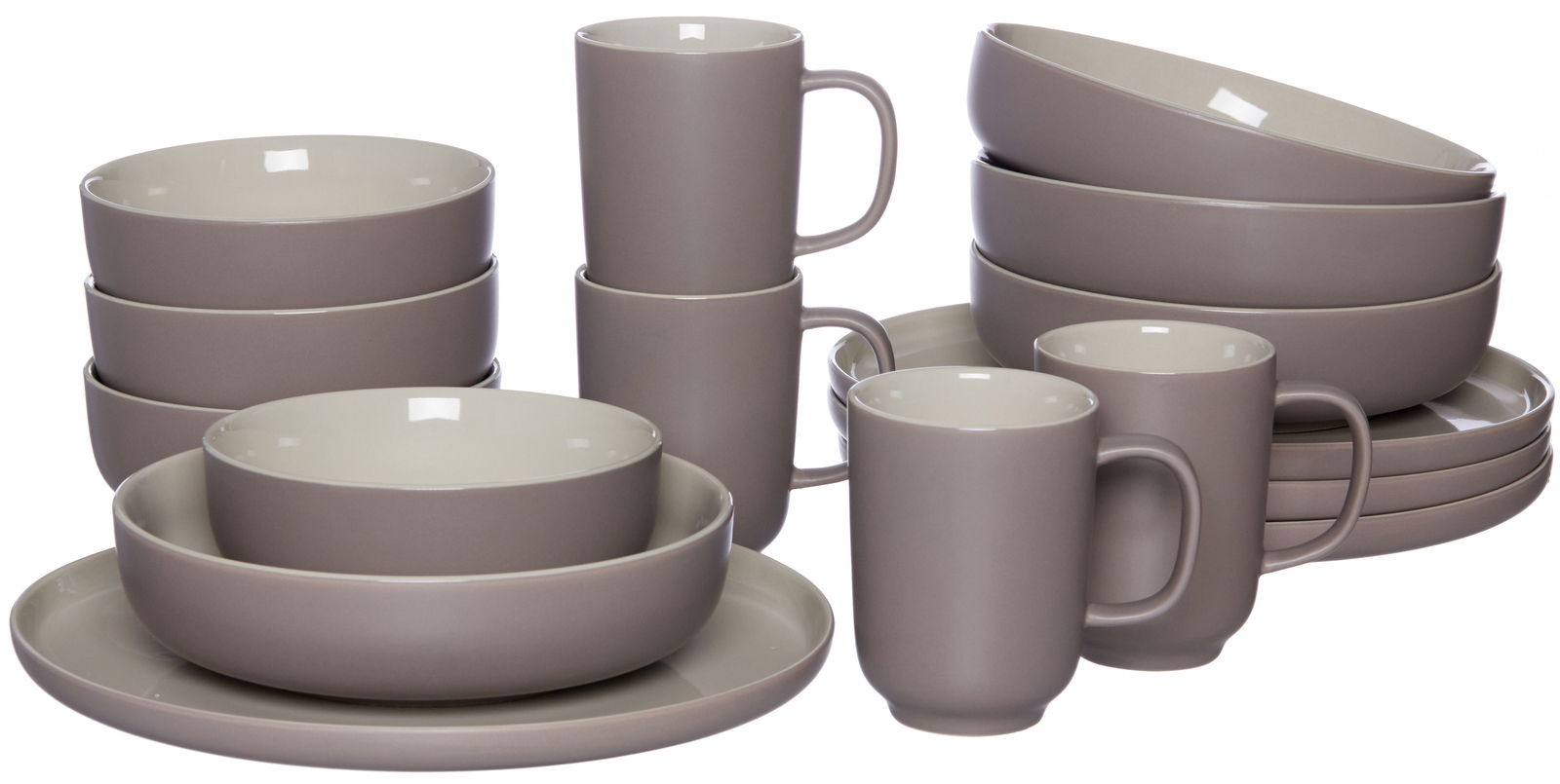 Kombiservice Jasper 16-teilig in Taupe, bestehend aus Tellern, Schalen und Tassen, aus seitlicher Perspektive fotografiert.