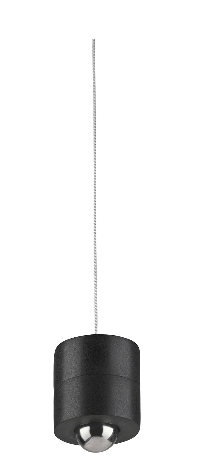 Schwarze Akku-Pendelleuchte mit silbernem Akzent, seitliche Perspektive
