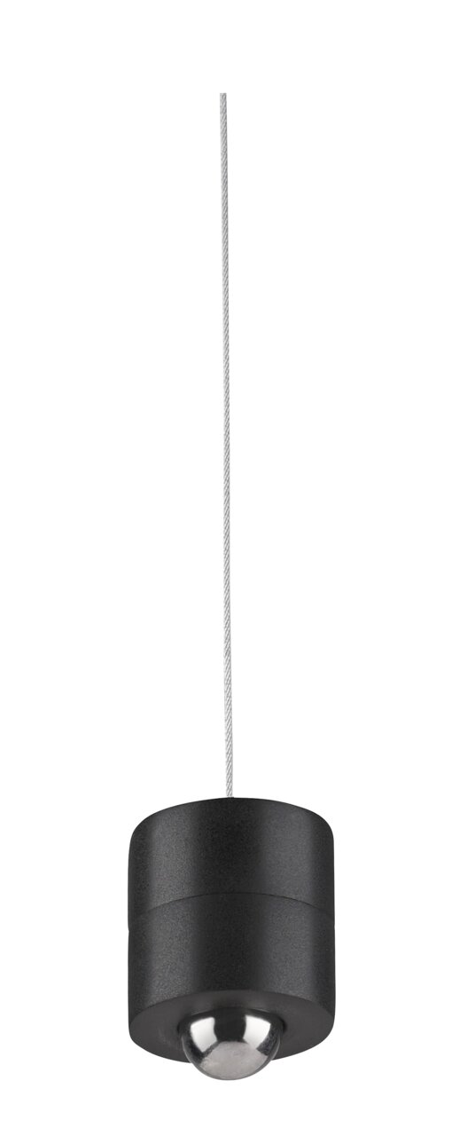 Schwarze Akku-Pendelleuchte mit silbernem Akzent, seitliche Perspektive