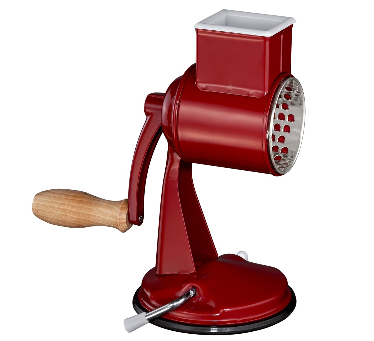 Rote Trommelreibe CLASSIC mit Holzgriff, seitliche Perspektive