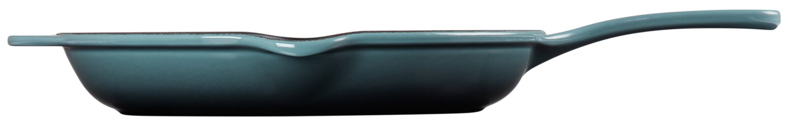 Seitliche Ansicht einer 26cm Pfanne in Ozeanblau mit ergonomischem Griff.