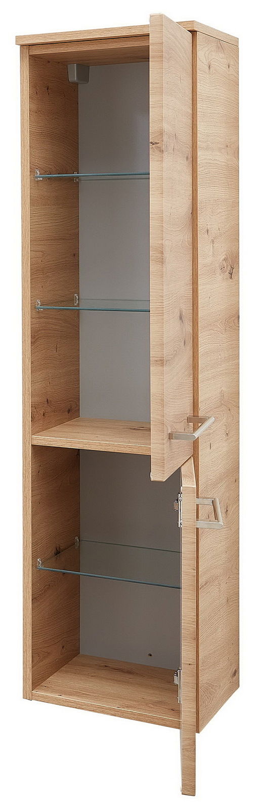 Offener Midischrank aus Holz mit Glaseinlegeböden, Frontansicht
