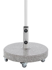 Granit-Sockel mit Rollen und Edelstahlstange, seitliche Perspektive