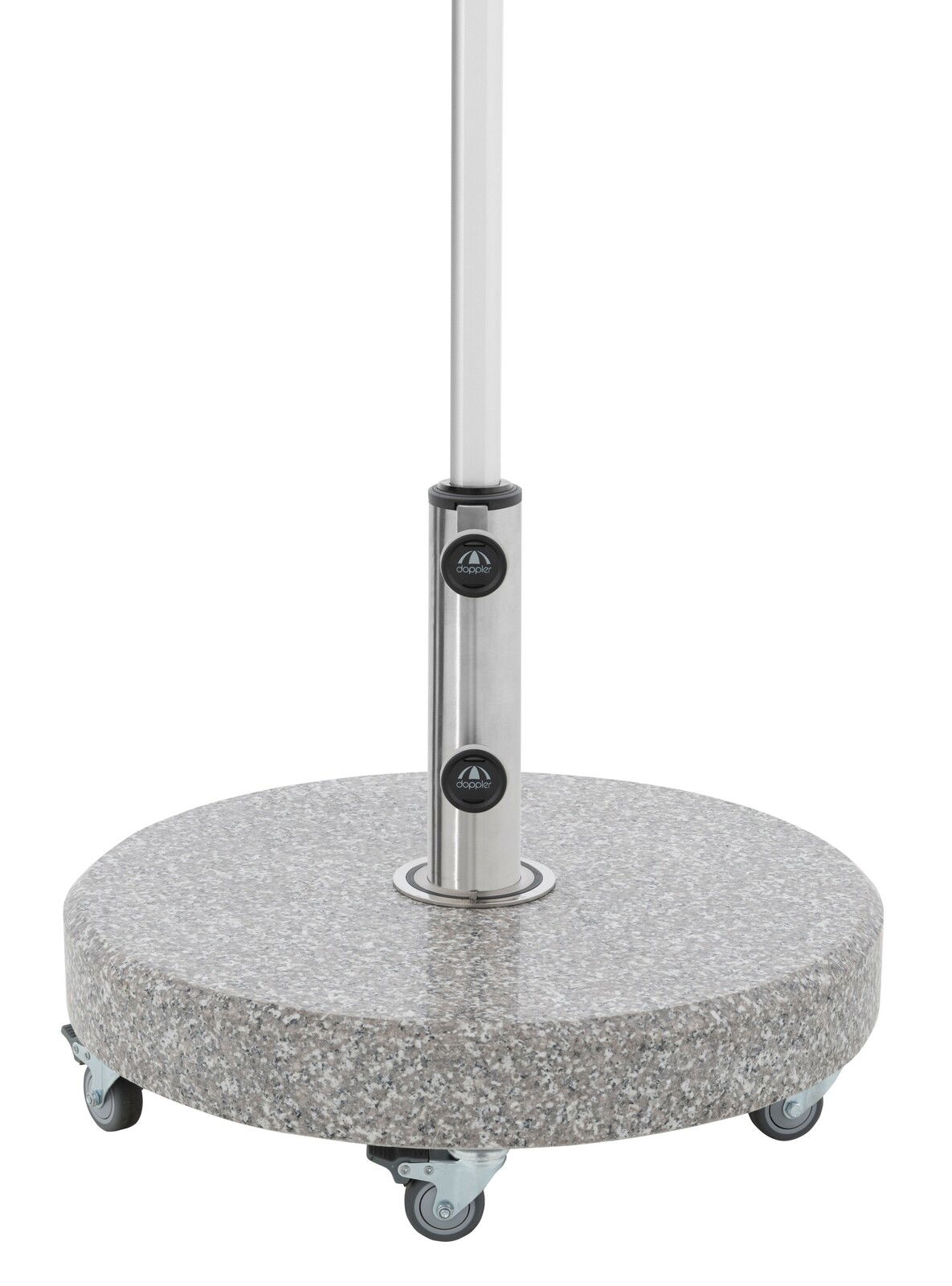 Granit-Sockel mit Rollen und Edelstahlstange, seitliche Perspektive