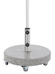 Granit-Sockel mit Rollen und Edelstahlstange, seitliche Perspektive