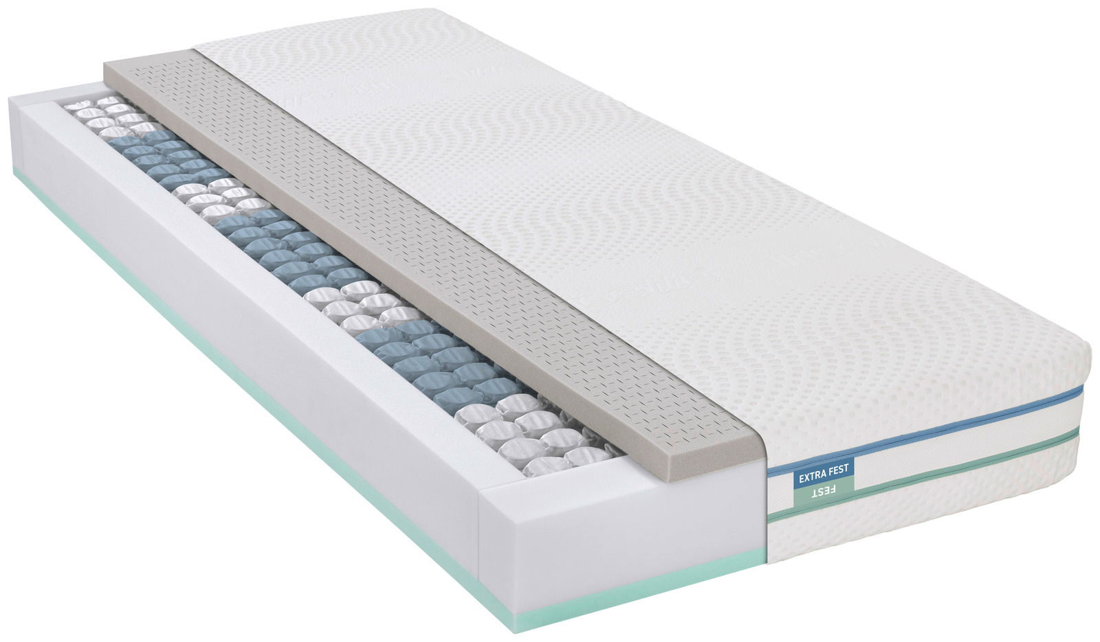 Querschnitt einer Matratze 180x200 cm, fest/extra fest, mit sichtbaren Schichten und Federkern, seitliche Perspektive