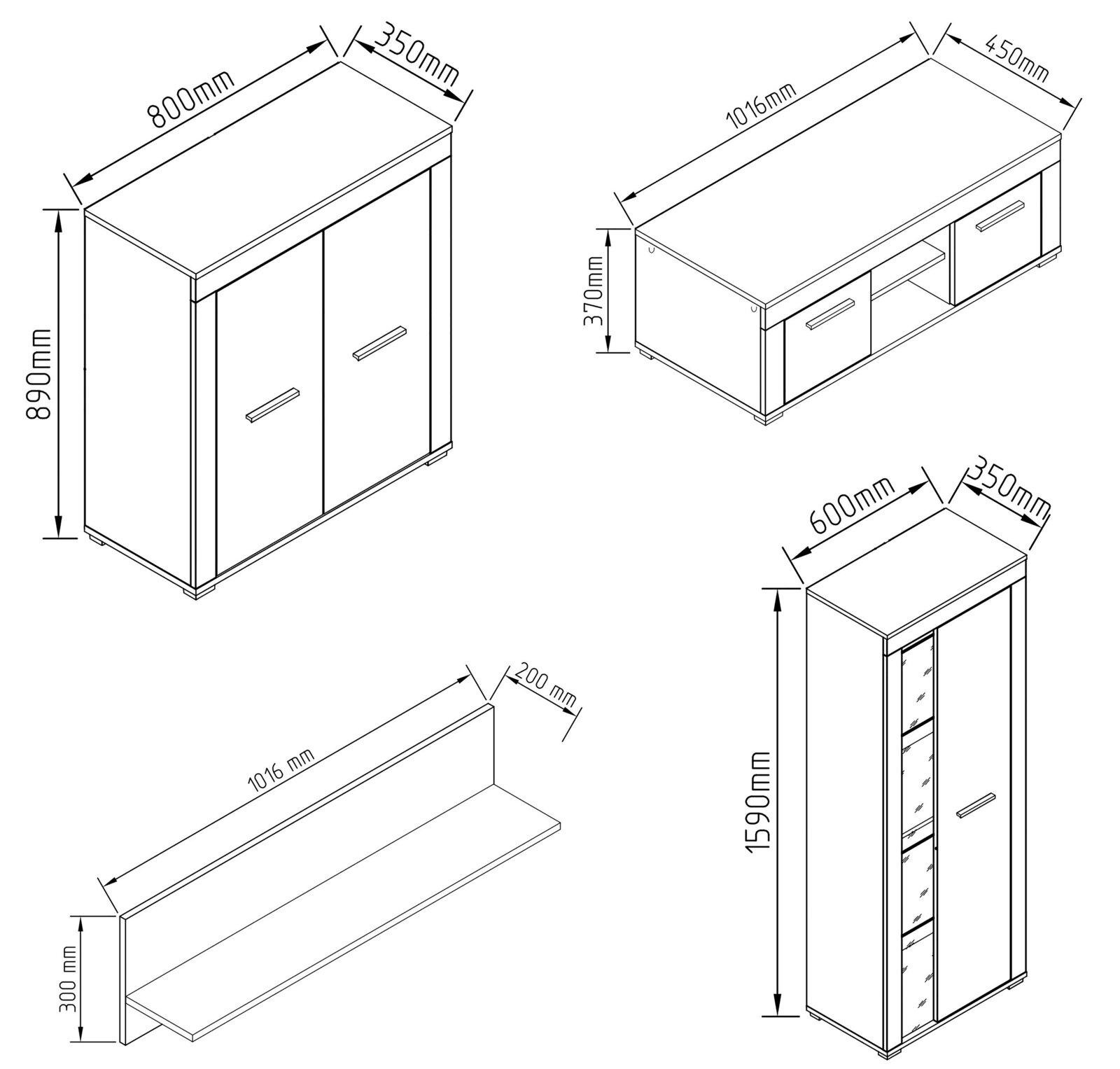 Technische Strichzeichnung eines Möbel-Sets mit Sideboard, niedrigem TV-Lowboard, Wandregal und hohem Schrank/Vitrine mit Maßangaben in mm, dargestellt in schräger 3D-Ansicht (Perspektive von vorne oben).