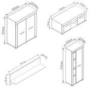 Technische Strichzeichnung eines Möbel-Sets mit Sideboard, niedrigem TV-Lowboard, Wandregal und hohem Schrank/Vitrine mit Maßangaben in mm, dargestellt in schräger 3D-Ansicht (Perspektive von vorne oben).