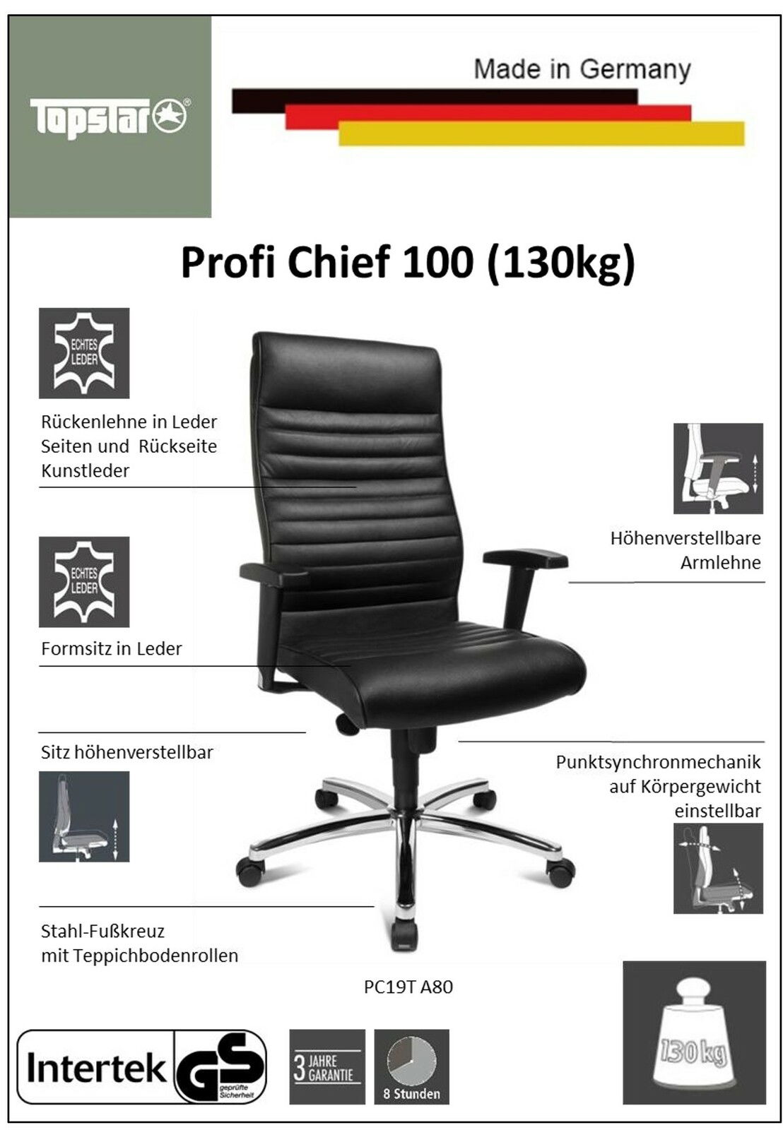 Chefsessel aus Leder mit höhenverstellbaren Armlehnen und Sitz, Stahl-Fußkreuz mit Rollen, seitliche Perspektive