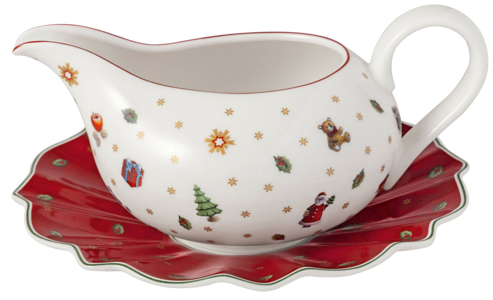 Weihnachtlich dekorierte Sauciere mit Unterteller, seitliche Perspektive