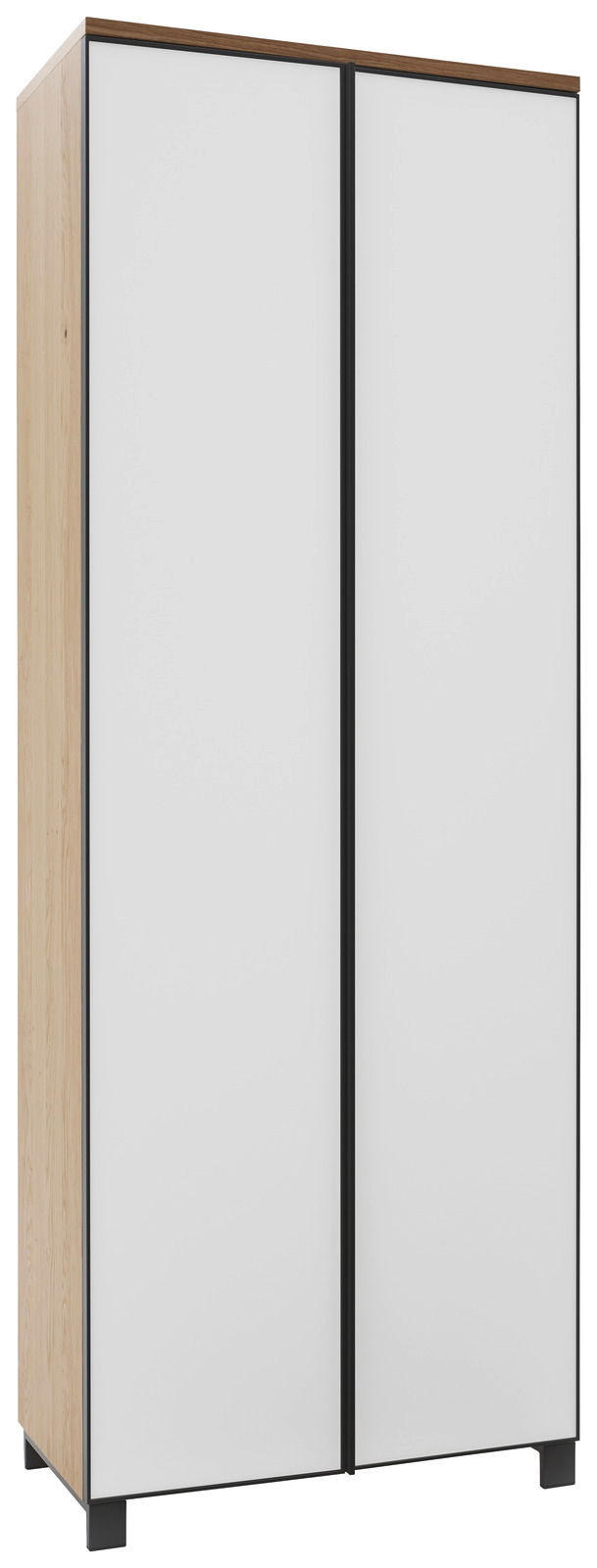 Moderner Garderobenschrank mit zwei weißen Türen und Holzseiten, perspektivisch von vorne links betrachtet.