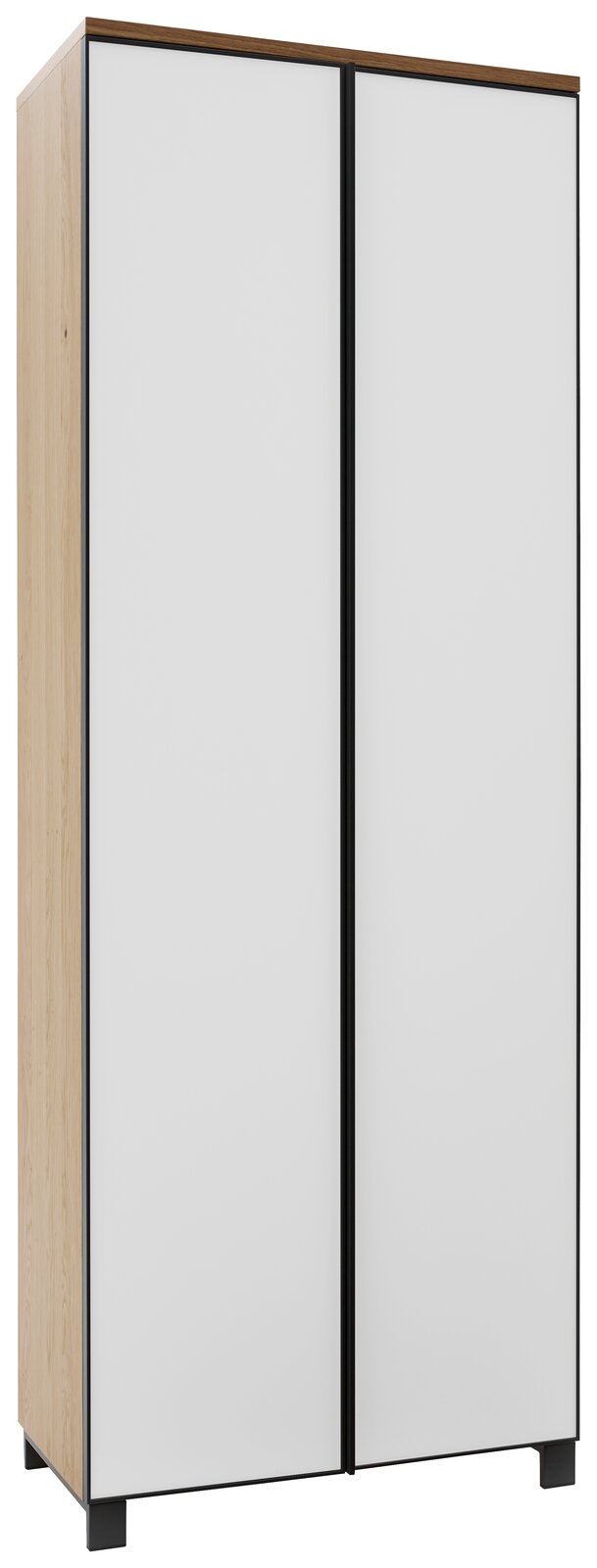 Dieter Knoll Garderobenschrank ATINA Moderner Garderobenschrank mit zwei weißen Türen und Holzseiten, perspektivisch von vorne links betrachtet.