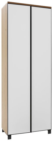 Moderner Garderobenschrank mit zwei weißen Türen und Holzseiten, perspektivisch von vorne links betrachtet.