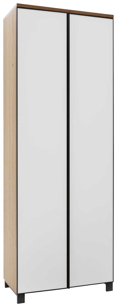 Moderner Garderobenschrank mit zwei weißen Türen und Holzseiten, perspektivisch von vorne links betrachtet.