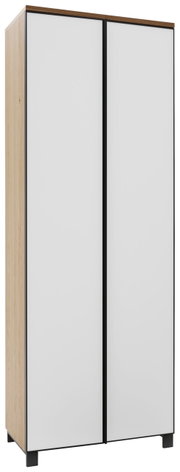 Moderner Garderobenschrank mit zwei weißen Türen und Holzseiten, perspektivisch von vorne links betrachtet.