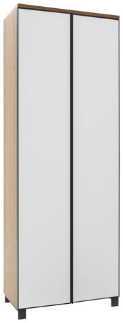 Moderner Garderobenschrank mit zwei weißen Türen und Holzseiten, perspektivisch von vorne links betrachtet.