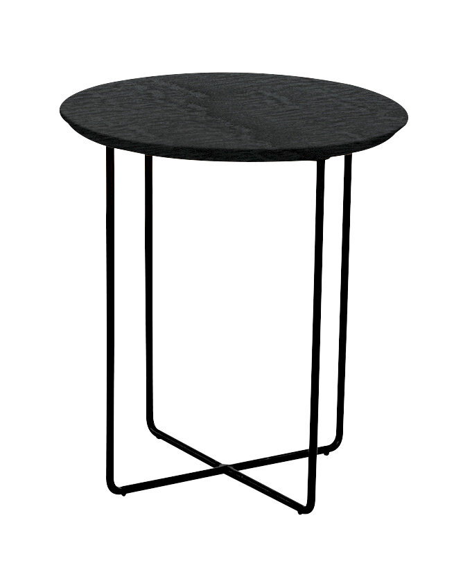 Runder Beistelltisch mit schwarzer Tischplatte und filigranem Metallgestell, seitliche Perspektive