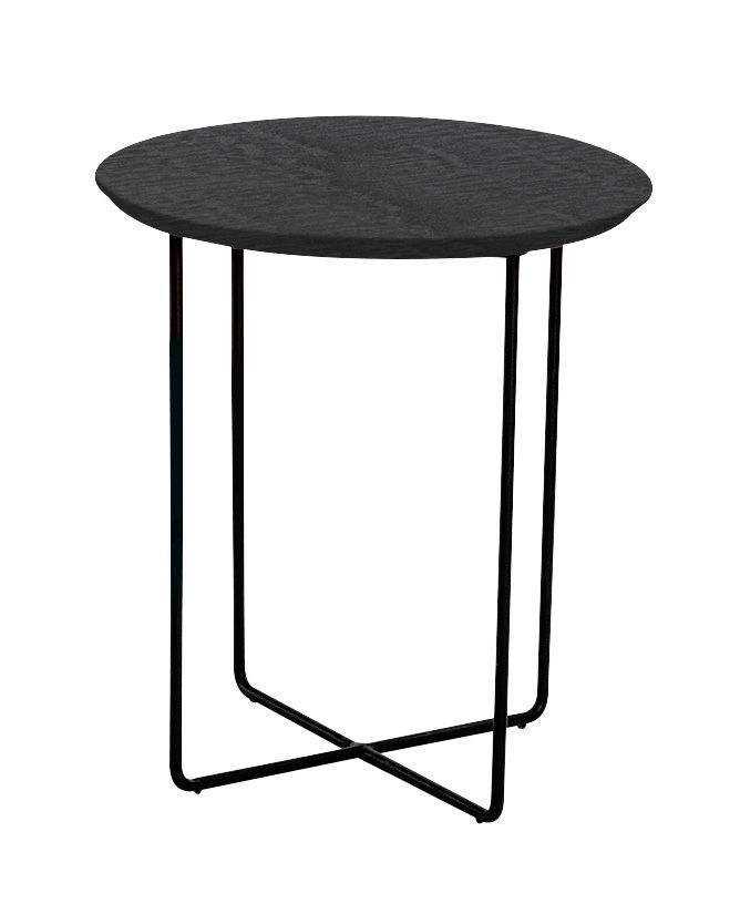 Runder Beistelltisch mit schwarzer Tischplatte und filigranem Metallgestell, seitliche Perspektive