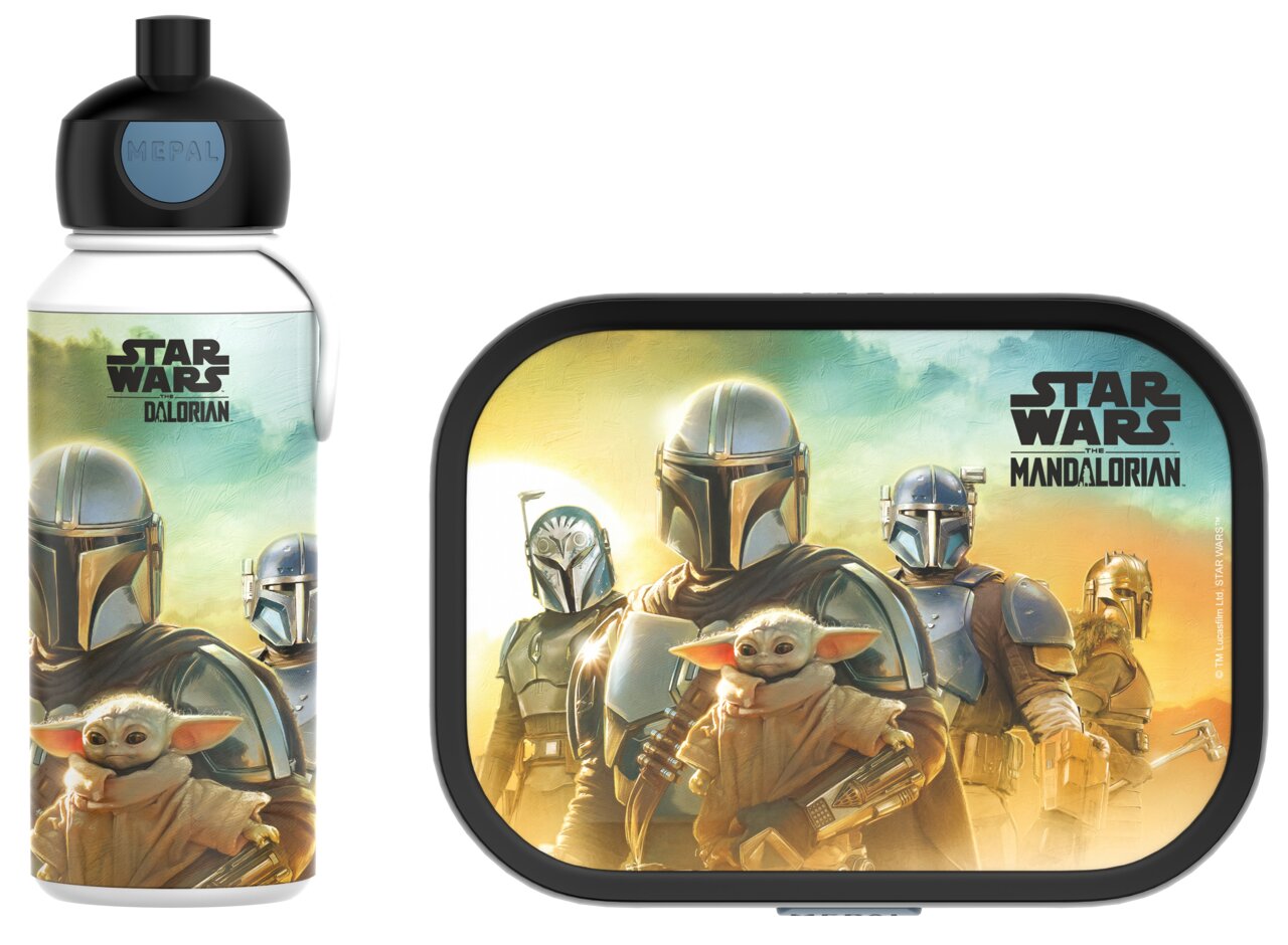 Star Wars Lunchset mit Mandalorian-Motiv, bestehend aus Trinkflasche und Brotdose, Vorderansicht