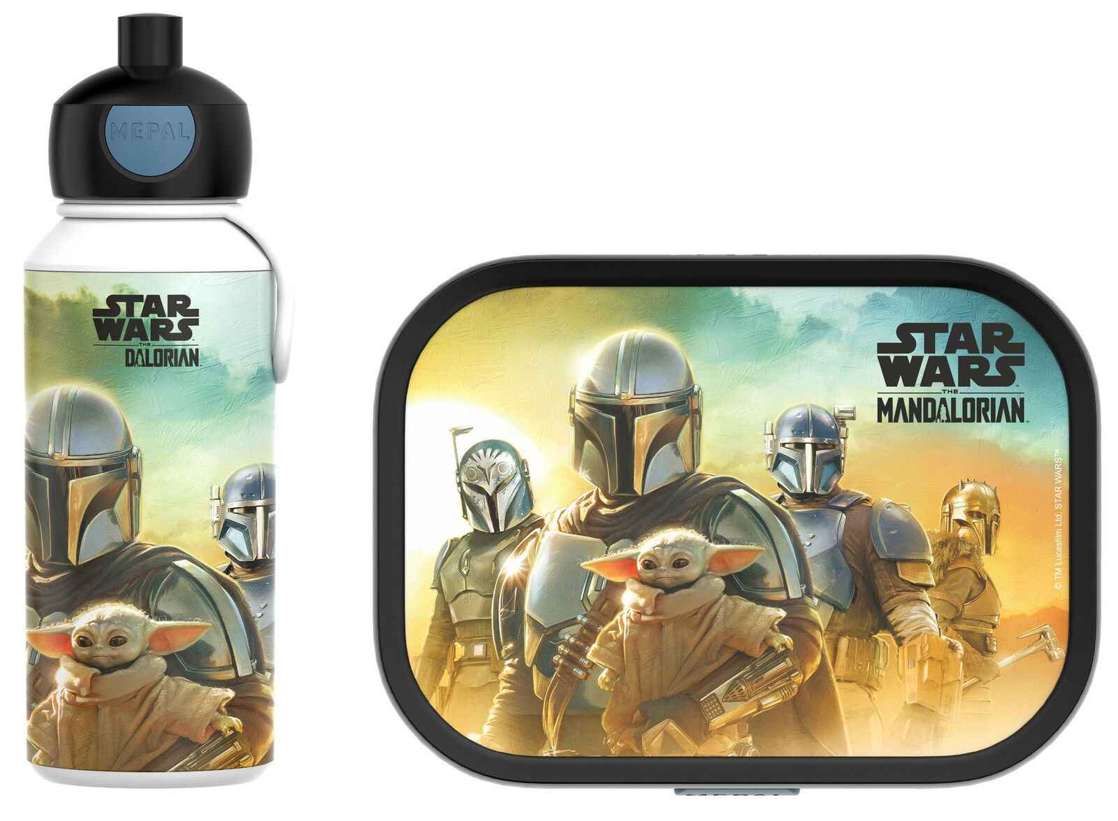 Star Wars Lunchset mit Mandalorian-Motiv, bestehend aus Trinkflasche und Brotdose, Vorderansicht